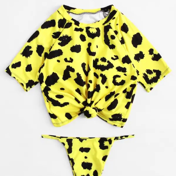 Leopard Tankini Set Knot Front Short Sleeve - Picture 1 of 6